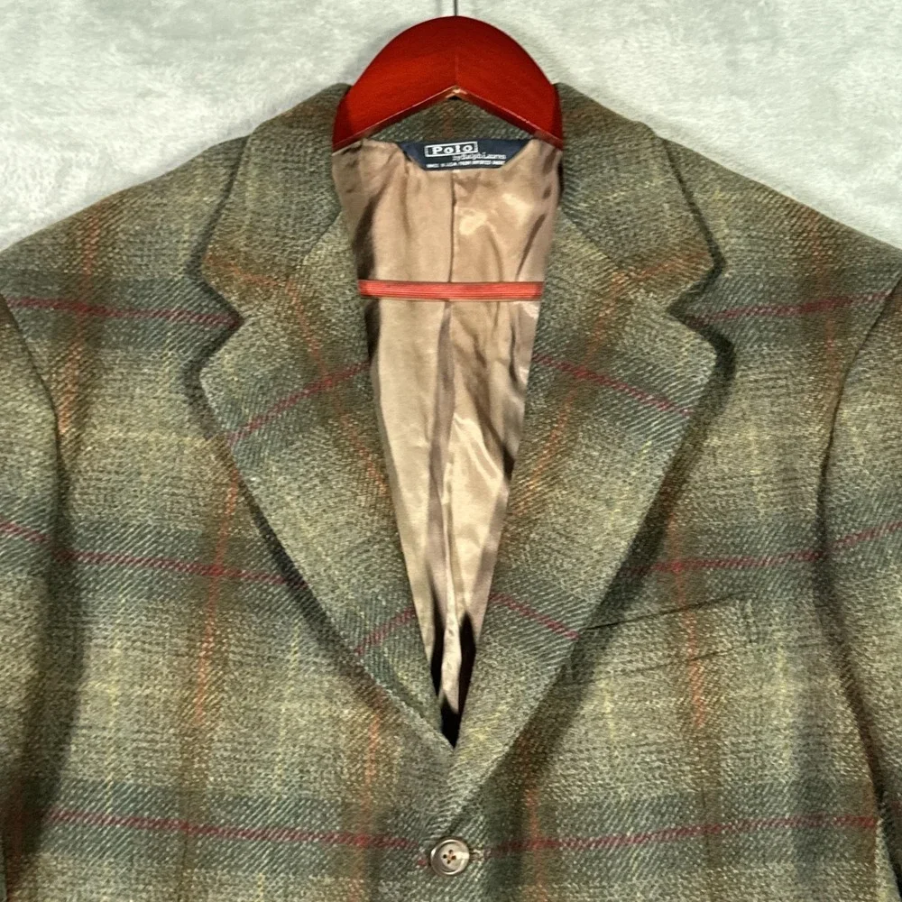 Vintage Polo Ralph Lauren Blazer Sport Coat Mens 42L Long Green Plaid Wool USA